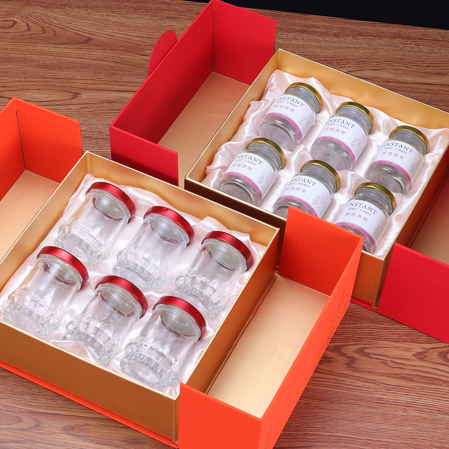 红桔色莲花瓶即食鲜炖燕窝礼盒50 75 100毫升玻璃瓶包装盒子定制 - 图1