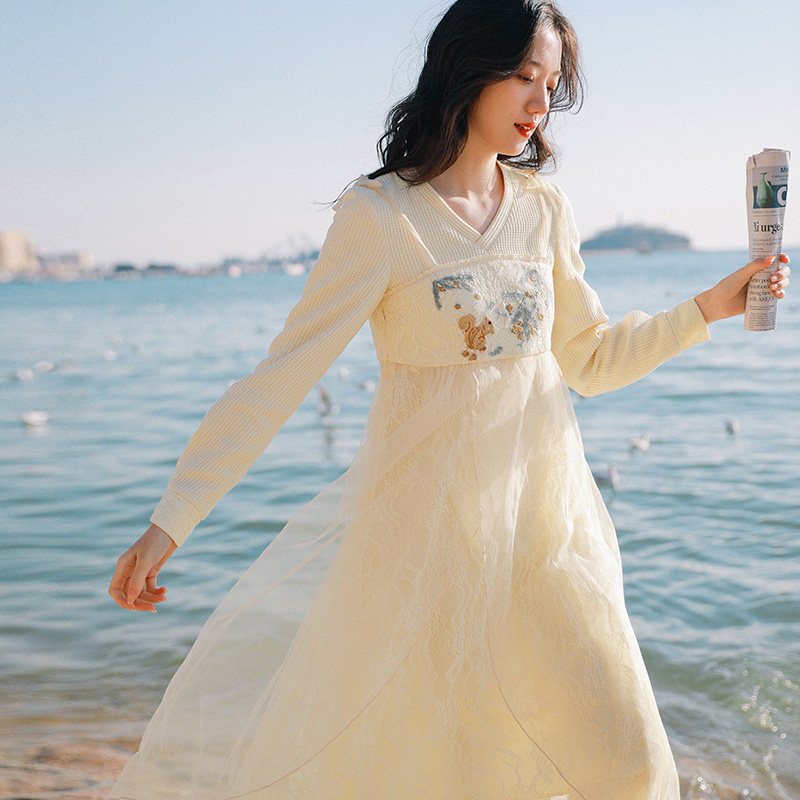 松花酿酒微笑向暖改良刺绣假两件 微笑向暖连衣裙