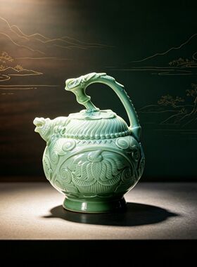 西安文创青瓷提梁倒灌壶商务摆件