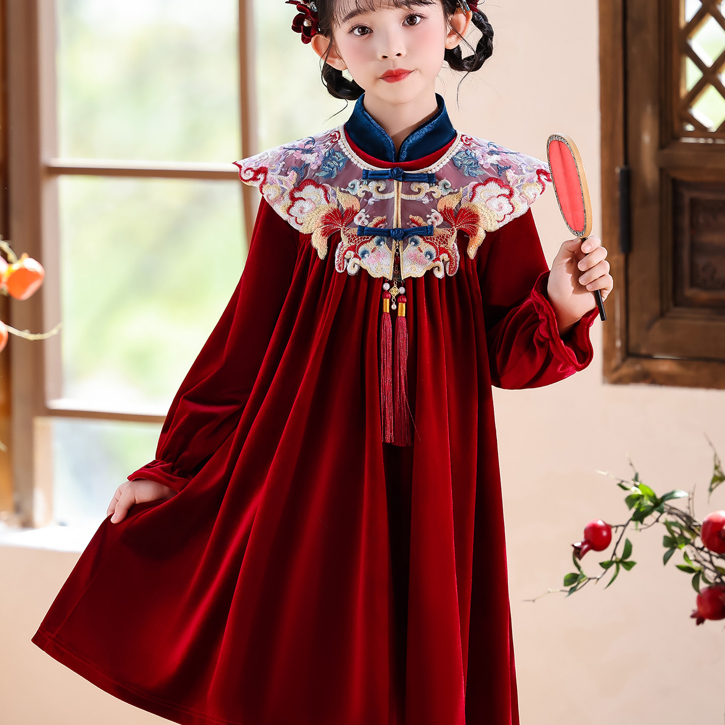 AGLFLIN女童新中式连衣裙洋气儿童红色丝绒裙小女孩中国风拜年服,淘宝优惠券,粉丝福利购,淘宝优惠卷