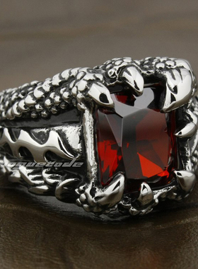 复古时尚风红色锆石龙爪钛钢戒指