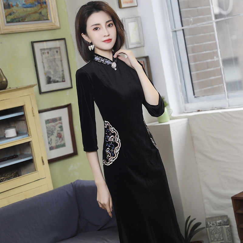 黑色旗袍晚礼服女2021新款长款唐装 夜树旗袍