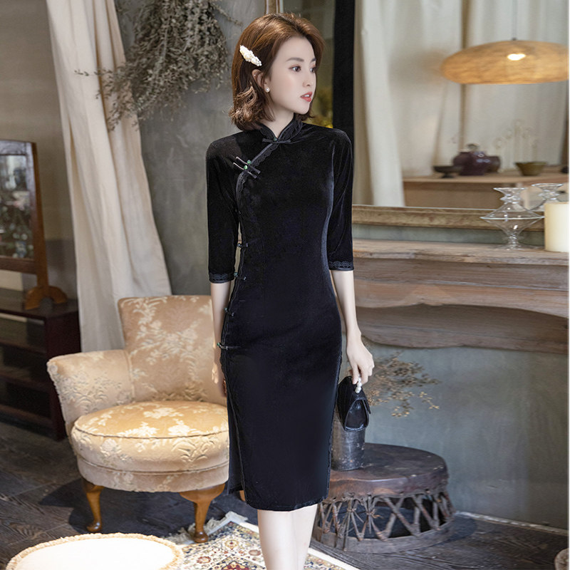 金丝绒旗袍秋冬2021新款黑色连衣裙 夜树旗袍