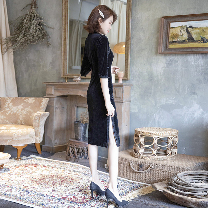 金丝绒旗袍秋冬2021新款黑色连衣裙 夜树旗袍