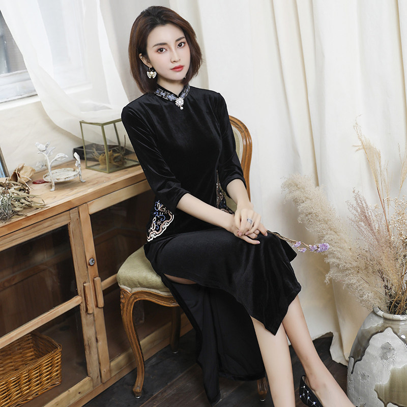 黑色旗袍晚礼服女2021新款长款唐装 夜树旗袍