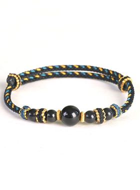 黑曜石手绳八股平安新中式男女手链金曜石银曜石手工编织好运