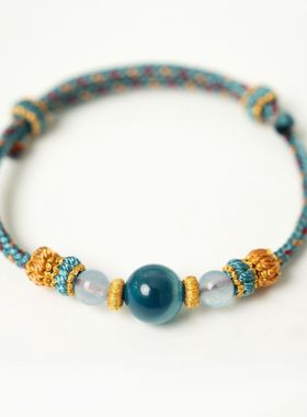 蓝色糖心玛瑙手绳古法手工编织潮汐蓝八股敦煌配色手链情侣款饰品