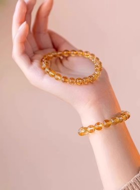 黄水晶手链聚财转运发晶手串高级感冰透玉石单圈黄色串珠盏黄