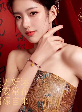 普陀山朱砂玉石圆珠单圈手串福牌吊坠女款本命年百搭手链饰品送礼