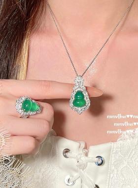 新中式绿玉髓玛瑙葫芦福禄项链 民族风古典气质五福临门锆石戒指