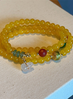 新中式三圈黄玛瑙气质手链 复古招财玉髓葫芦吊坠女串珠 原创手串