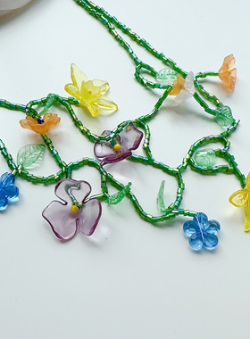 夏日森系五彩花丛项链女 ins气质出街波西米亚层次感个性颈链配饰