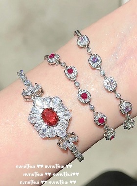 复古繁花石榴红宝石气质花朵手链 宫廷年会时尚镀金锆石耳环项链