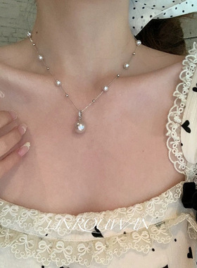 曼塔玫瑰色气质珍珠高级感项链 轻奢小众锁骨链 法式珍珠吊坠颈链