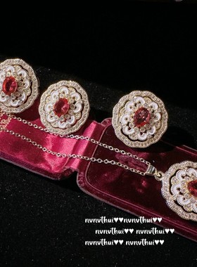 轻奢复古妖姬红宝石花盘镀金耳环 蕾丝蜂巢气质玫瑰花朵锆石项链