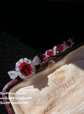 法拉赫复古酒渍玫瑰蛋形宝石戒指 气质名媛胭脂洋红锆石指环叠戴