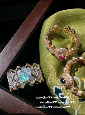 复古宫廷蕾丝蜂巢大克拉宝石戒指 镀18K金弧形拉丝胭脂红锆石指环