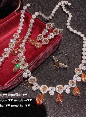 复古奢华焦糖气质水滴新娘宝石项链璀璨名媛花朵名媛锆石手链套装