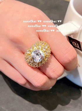 法拉赫气质弧形锆石戒指复古镀金凸圆形祖母绿指环百搭水滴开口戒