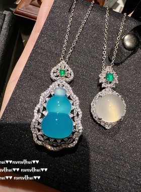 新中式蓝玉髓葫芦福禄古典项链 荔枝冻白玉髓蛋面气质锆石毛衣链