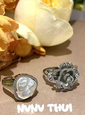 设计师款名媛轻奢澳白珍珠戒指 镀18K金立体山茶花拉丝镶钻女戒