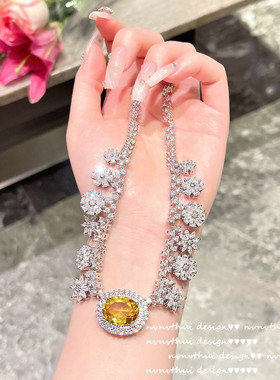 轻奢宴会璀璨金丝雀雪花宝石项链 镀18K金鹅黄水滴大克拉锆石耳环