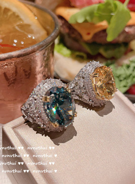 925银复古宫廷油画气质蓝宝石戒指 精致宴会鹅黄高碳钻鸽子蛋指环