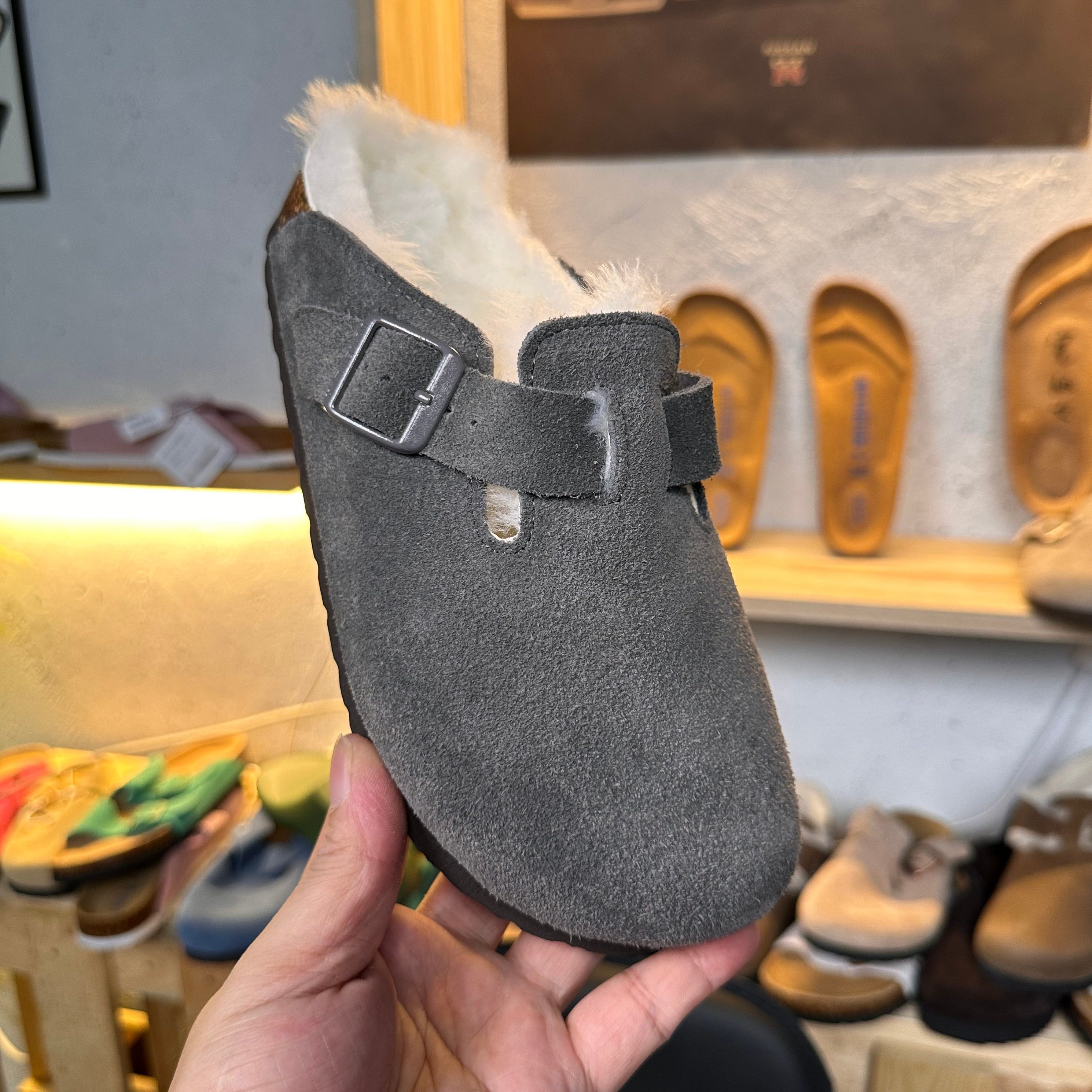 半包勃肯鞋头层牛皮羊毛一体保暖一脚蹬秋冬加绒毛毛鞋防滑平底,淘宝优惠券,粉丝福利购,淘宝优惠卷