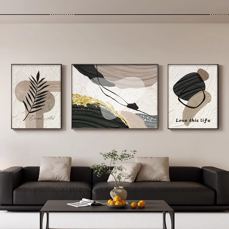 黑白灰抽象艺术客厅装饰画简约现代沙发背景墙挂画高级感三联壁画 - 图2