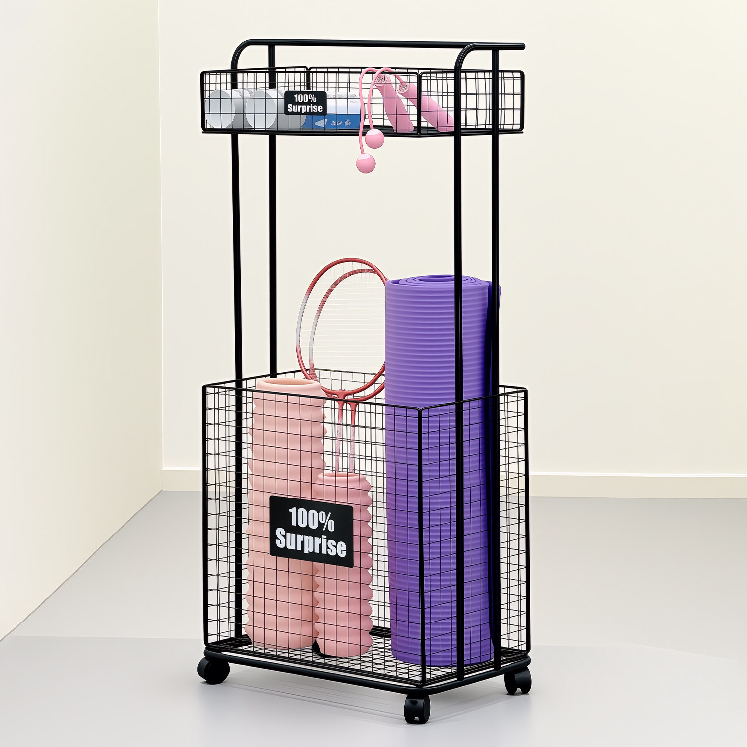 瑜伽垫收纳筐运动健身器材置物架家用羽毛球带轮可移动落地收纳架,淘宝优惠券,粉丝福利购,淘宝优惠卷