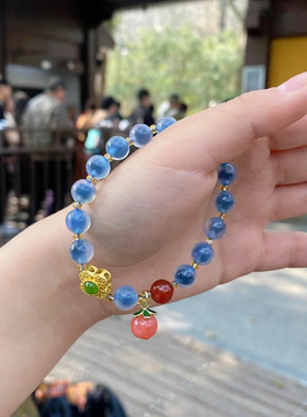 杭州灵隐蓝色半糖玛瑙手串女香灰琉璃手链男桃花姻缘七夕送对象