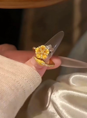 杭州正品山茶花戒指鸢尾花拉丝点钻开口招财指环景区文创可调节