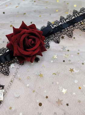 原创 蕾丝颈链锁骨链项链女 缕空水晶酒红色玫瑰花朵山茶花