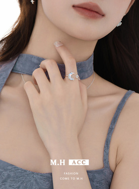 蓝色星月戒指小众设计清透精致仙气质指环小众设计高级感食指戒女