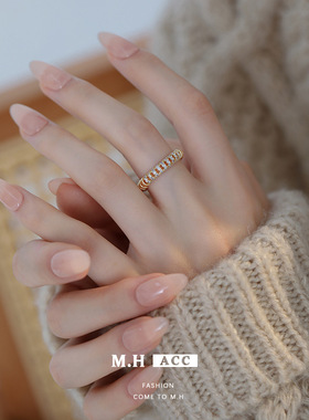 时尚高级感微镶锆石开口戒指欧美镂空几何形可调节食指戒新款指环