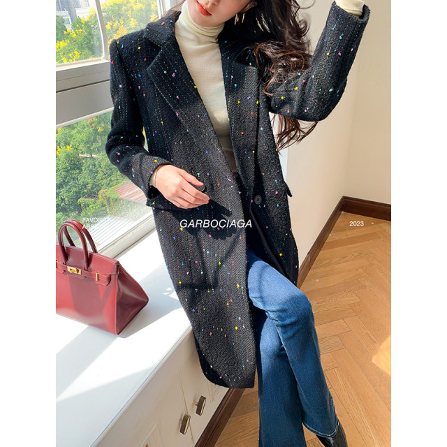 Garbociaga龙喜儿 85%粗纺羊毛特种绣廓形双拼长款毛呢大衣 3959