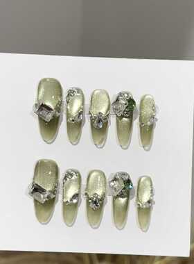 纯手工穿戴甲高级绿色猫眼长款美甲片欧美轻奢堆钻爆闪假指甲贴片