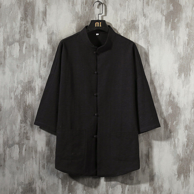 秋季薄款立领七分袖改良中国风盘扣衬衫青年男士棉麻纯色口袋上衣,淘宝优惠券,粉丝福利购,淘宝优惠卷