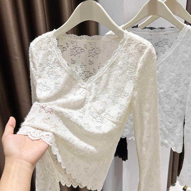 高端性感花边V领磨毛蕾丝打底衫女秋冬季内搭T恤喇叭袖蝴蝶结上衣,淘宝优惠券,粉丝福利购,淘宝优惠卷