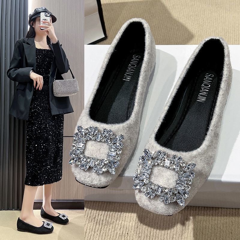 2025新款水钻方头平底毛毛鞋女春季外穿年韩版气质平底单鞋,淘宝优惠券,粉丝福利购,淘宝优惠卷