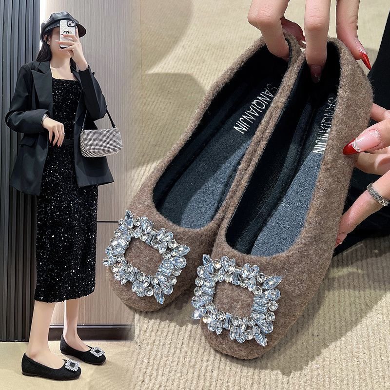 2025新款水钻方头平底毛毛鞋女春季外穿年韩版气质平底单鞋,淘宝优惠券,粉丝福利购,淘宝优惠卷