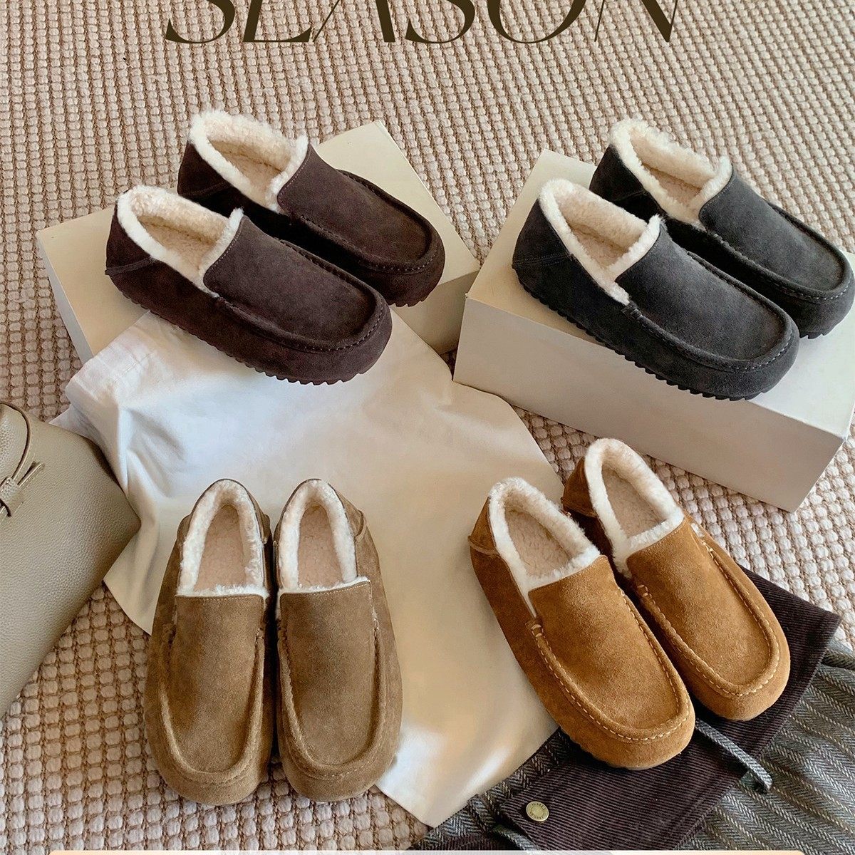 真皮~复古一脚蹬加绒乐福鞋女2025冬季新款厚底保暖棉鞋女豆豆鞋,淘宝优惠券,粉丝福利购,淘宝优惠卷