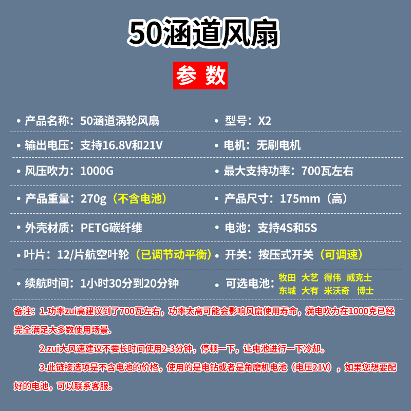 暴力涡轮风扇50mm涵道手持吹风机洗车除尘吹水锂电池涡轮扇鼓风机 - 图2