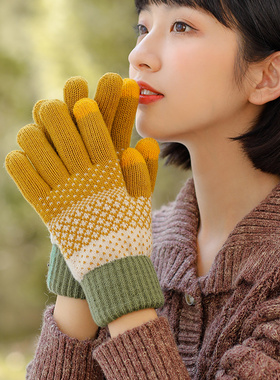 女士毛线针织双层加绒五指手套