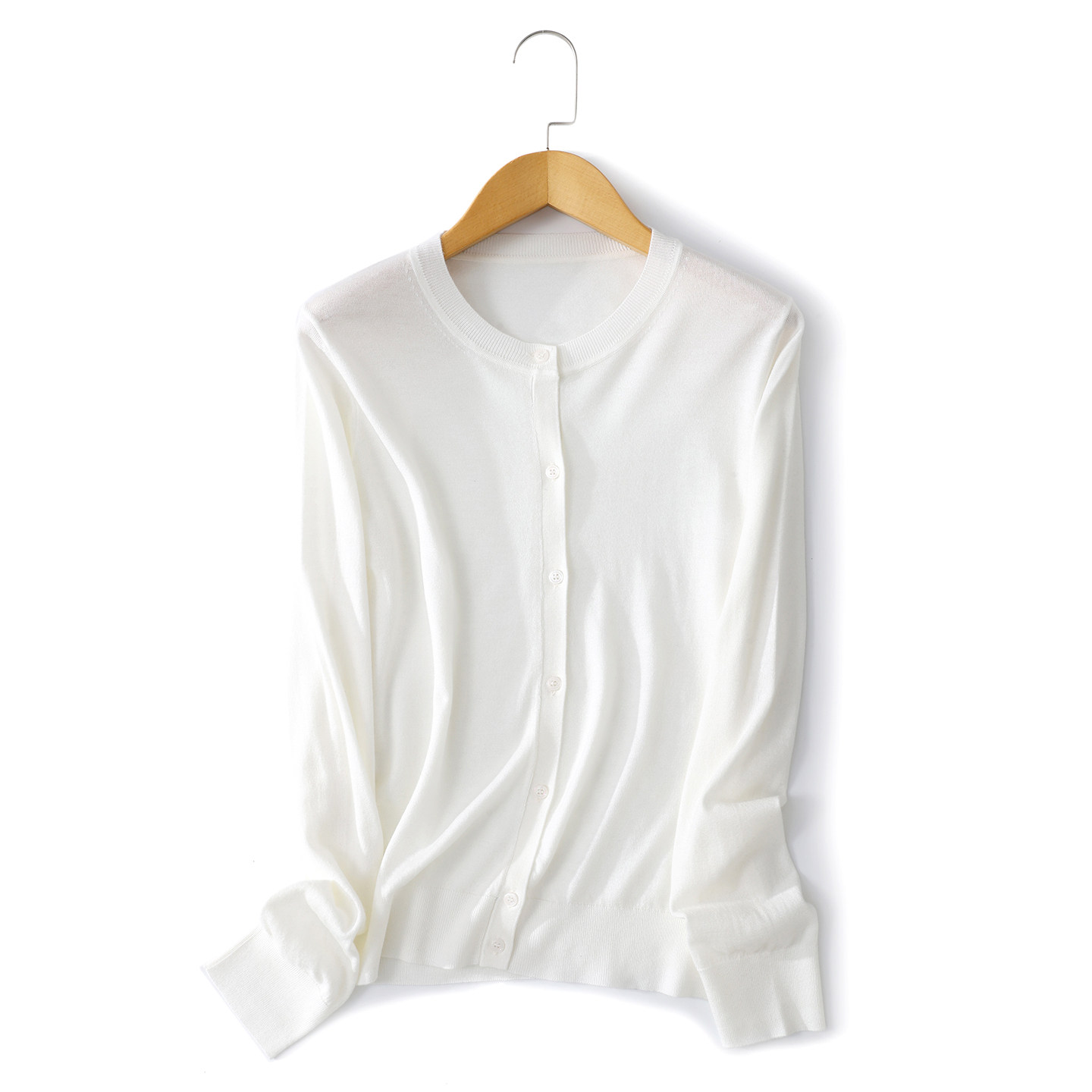 可机洗精纺扬子纱100%超细羊毛开衫女圆领薄款宽松防晒针织打底衫