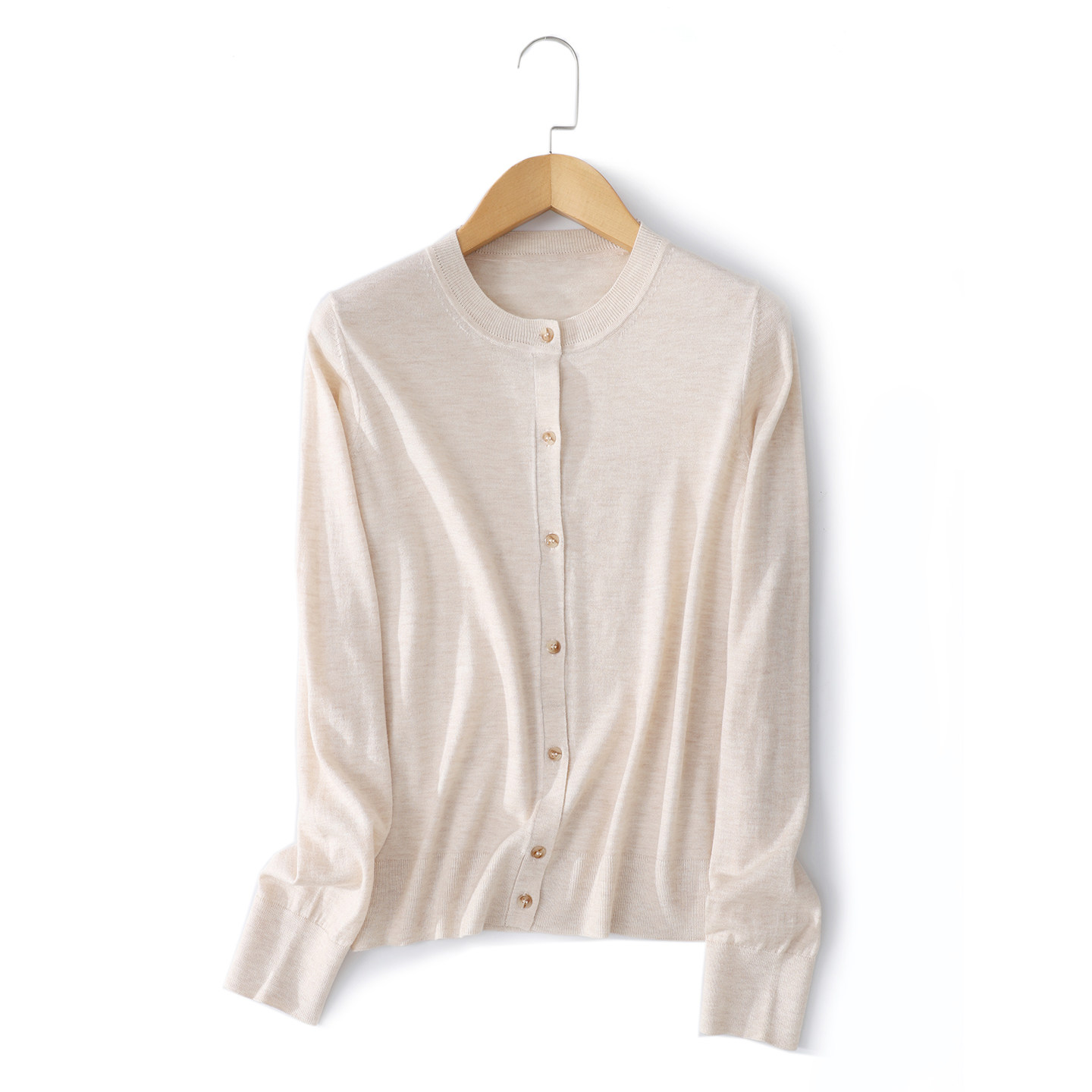 可机洗精纺扬子纱100%超细羊毛开衫女圆领薄款宽松防晒针织打底衫