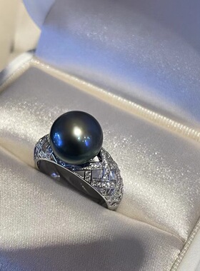 MayJune 蕾丝拉花10MM大溪地珍珠戒指女复古银边轻奢简约vintage