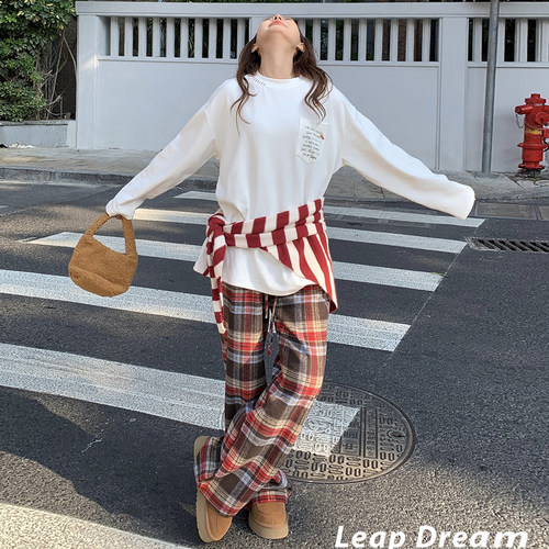 LEAP DREAM 长袖T恤女条纹披肩字母口袋上衣2025冬季新款官方授权 - 图0