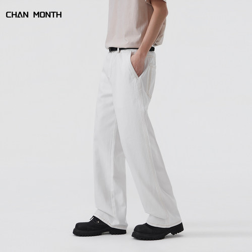 CHAN MONTH美式春秋白色牛仔裤男宽松休闲百搭阔腿高街直筒长裤子 - 图2