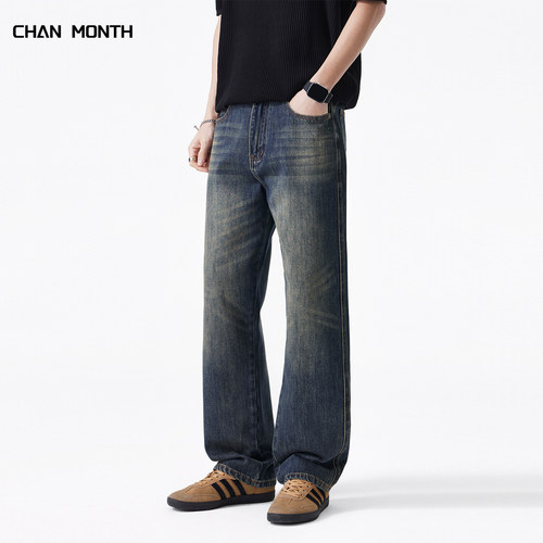 CHAN MONTH美式复古牛仔裤男潮牌百搭春季水洗阔腿高街直筒长裤子 - 图2